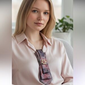 “Dainty Dapper”Paisley Patterned neckTie necklace with attached flower Brooch
